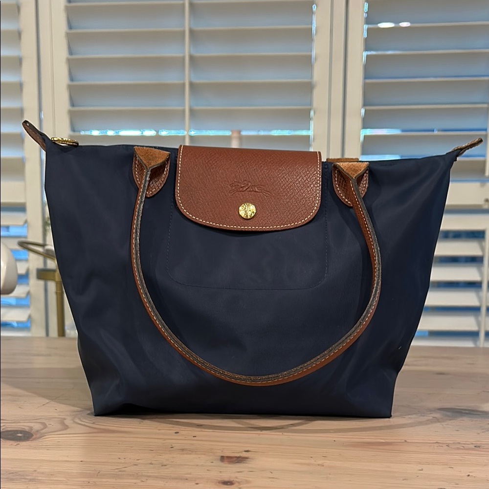 Longchamp Navy and Brown Tote Bag Small